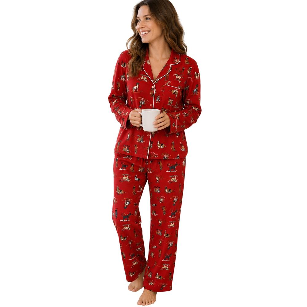 Old Navy Women’s Red Dog Print Pajama Set Button Front Shirt Pants Size Medium